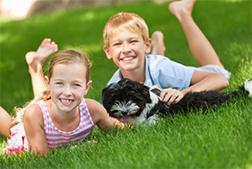 kids and dog in the lawn